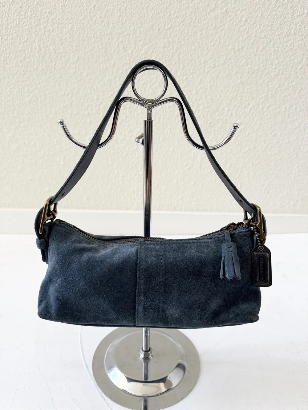 Vintage COACH Y2K Hamptons Demi Suede Blue Baguette Shoulder Bag